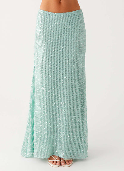 Amoura Sequin Low Rise Maxi Skirt - Mint Sage