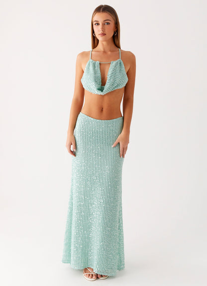 Amoura Sequin Low Rise Maxi Skirt - Mint Sage