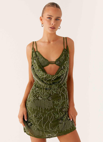 Celosia Beaded Mini Dress - Khaki