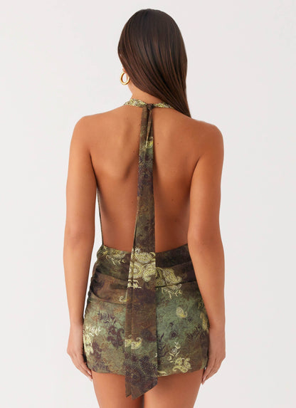 Eleanora Plunge Scarf Mini Dress - Cyber Floral