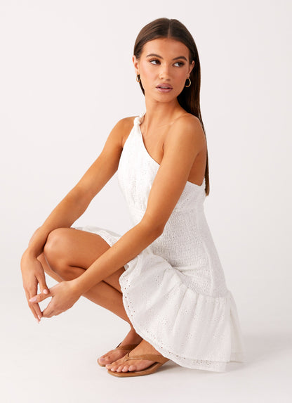 Hestia Drop Waist Shirring Mini Dress - White