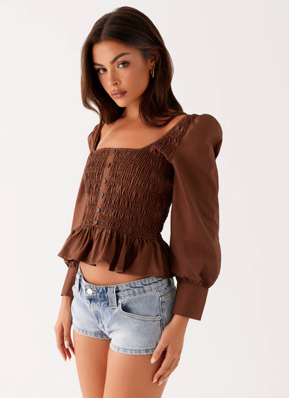 Joyce Long Sleeve Shirred Top - Chocolate