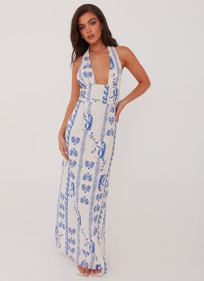 Sky Linen Maxi Dress - Floral Wave