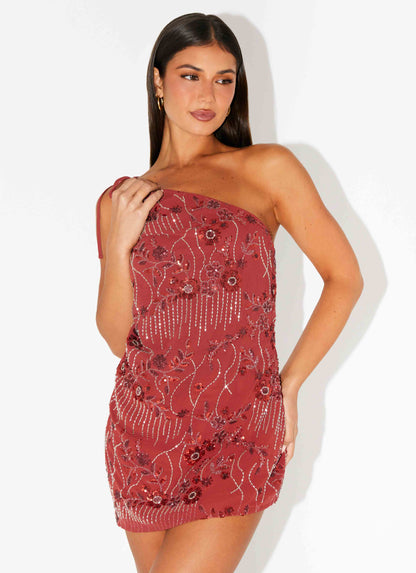 Temptational Beaded One Shoulder Mini Dress - Rust