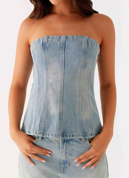 Vino Strapless Denim Top - Vintage Denim